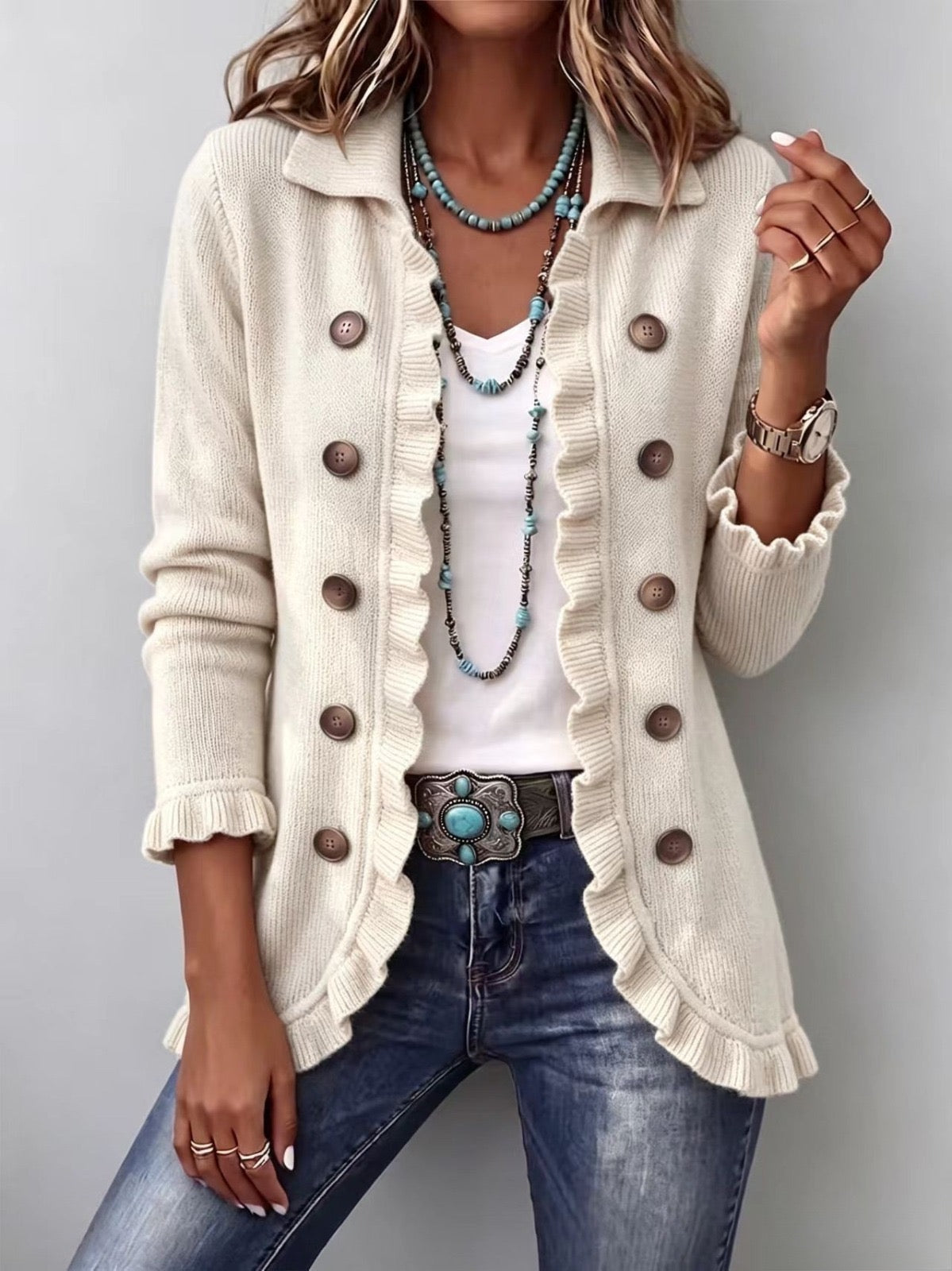 Antonietta | Chaqueta de Punto Marfil con Volantes