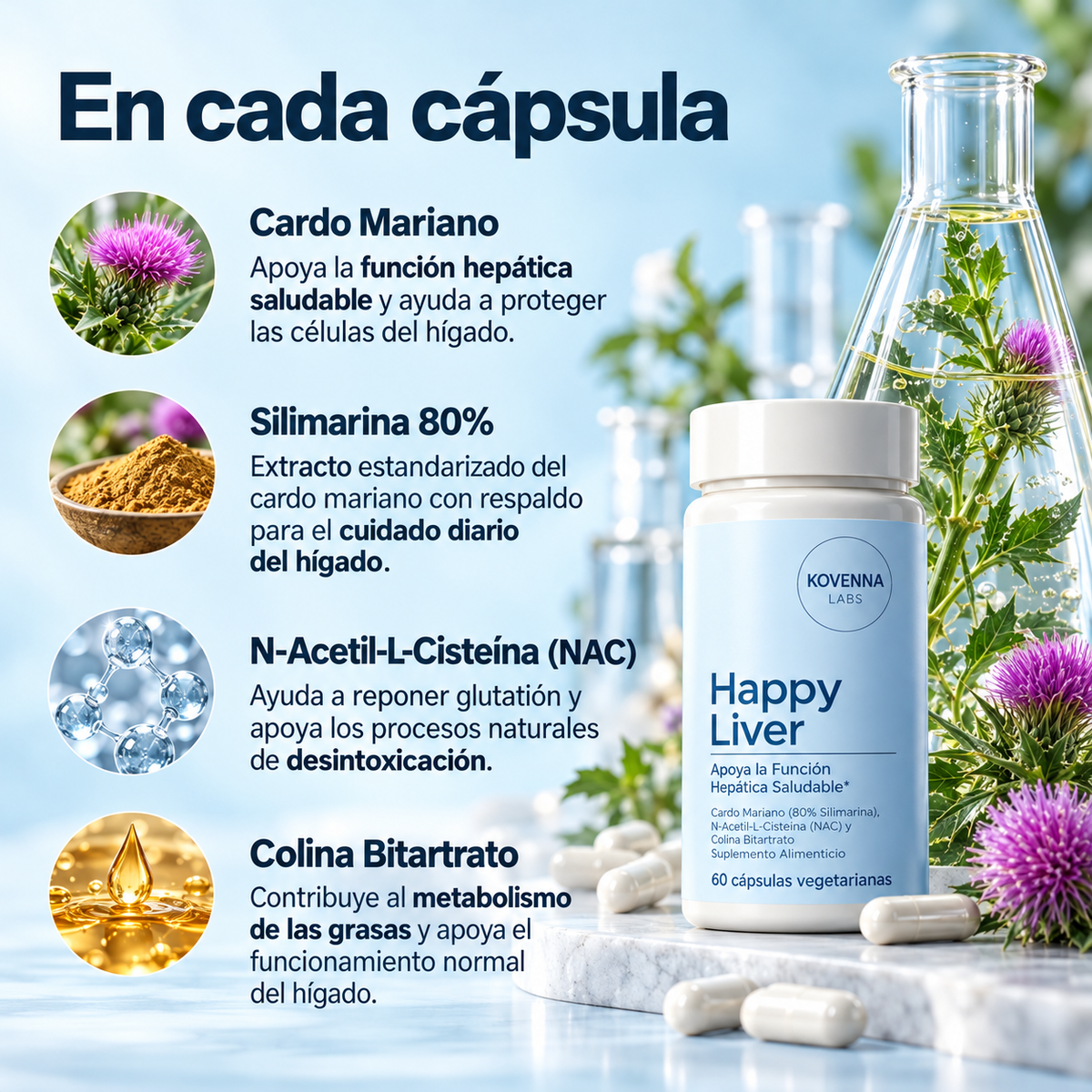 HAPPY LIVER - Apoyo Hepático - Capsulas con ingredientes Naturales