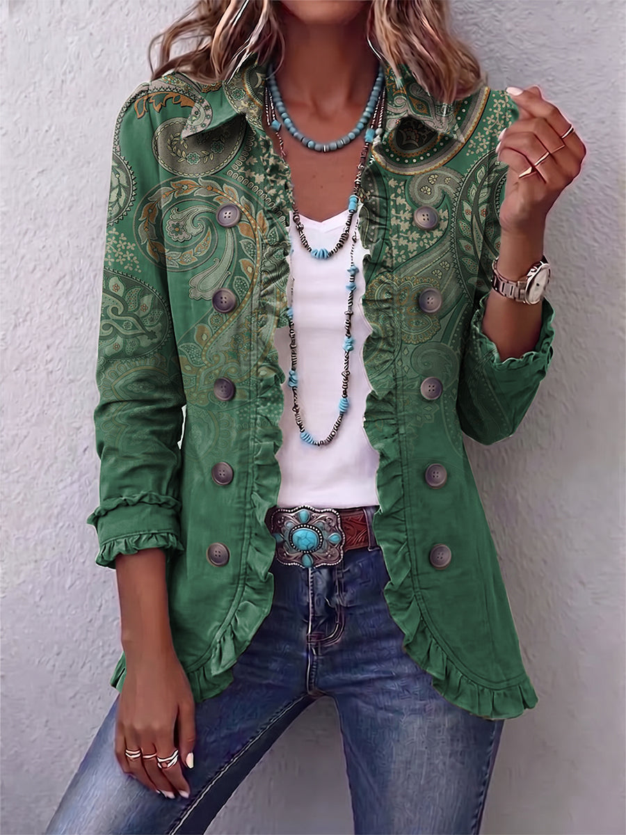 Addolorata | Chaqueta Estampado Cachemir Verde con Volantes
