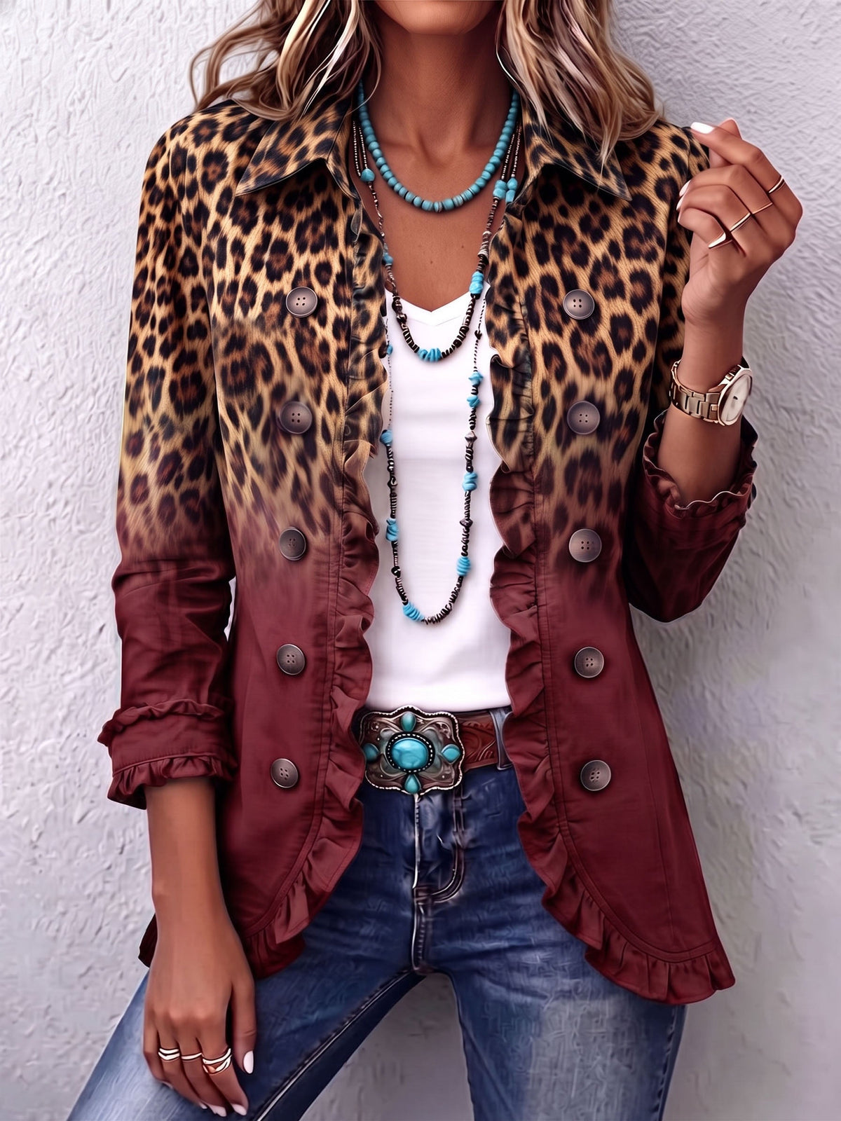 Immacolata | Blazer Leopardo Burdeos con Volantes